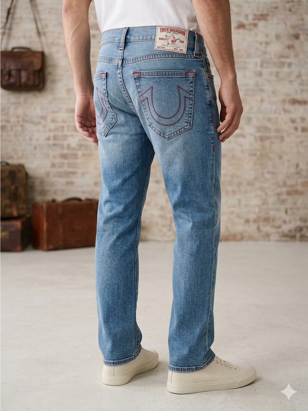 Mens True Religion Ricky Straight Leg Jeans Light Wash Red Stitching 34x30